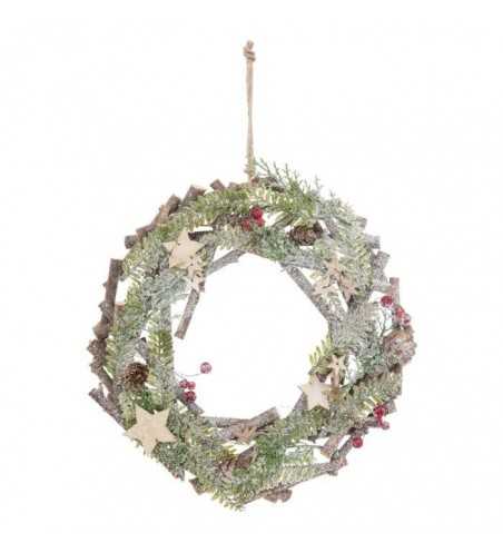 Couronne de Noël en bois avec étoiles et pommes de pin